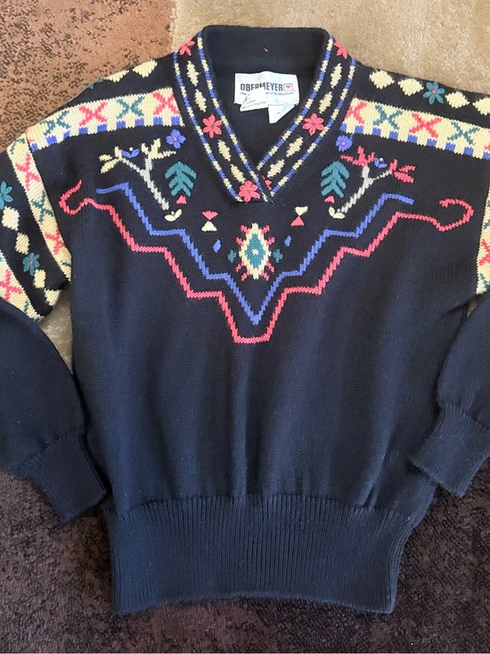 Vintage Sweaters - Vintage Obermyer Black V-Neck Sweater with Multicolor Folk Motif